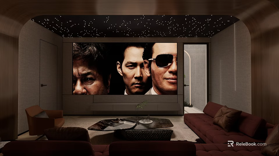 Modern Home Theater Room Interior With Large Screen Comfortable Sofas And Starry Ceiling Lights 3d model 