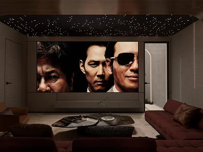 Modern Home Theater Room Interior With Large Screen Comfortable Sofas And Starry Ceiling Lights 3d model