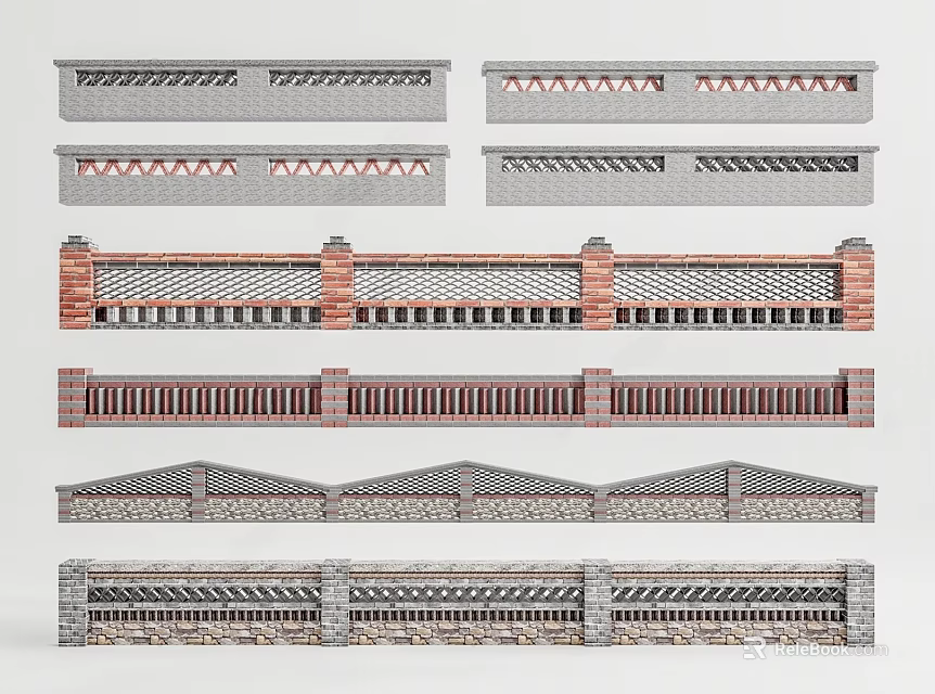 Garden Landscape Railing Designs With Various Stone Brick And Geometric Patterns 3d model