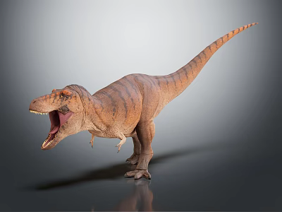 Tyrannosaurus Rex Dinosaur 3D Model With Open Mouth And Striped Brown Skin 3d model