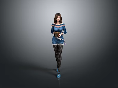 Woman In Blue Dress Black Lace Stockings Blue Shoes Holding Brown Box On Gray Background 3d model