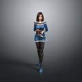 Woman In Blue Dress Black Lace Stockings Blue Shoes Holding Brown Box On Gray Background