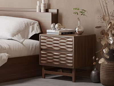 Modern Wooden Bedside Table With Wavy Drawers And Books Silver Vase Small Green Plant In Bedroom 3d model