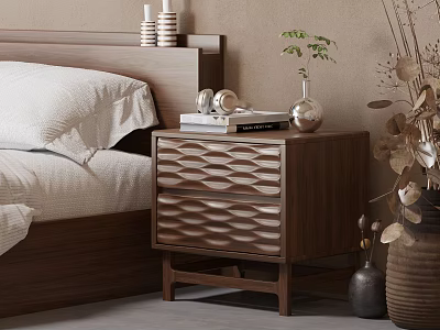 Modern Wooden Bedside Table With Wavy Drawers And Books Silver Vase Small Green Plant In Bedroom 3d model