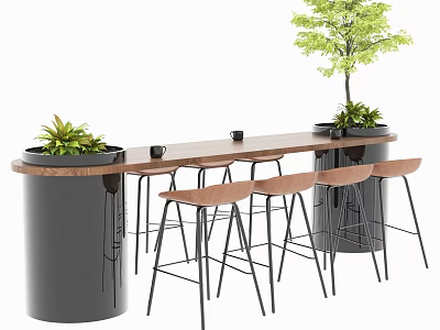 Sleek Modern Bar Counter Design With Wooden Top Black Supports Bar Stools And Plants 3d model