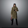 Man Wearing Brown Coat and Hat Holding Binoculars and Red White Flag on Gray Background