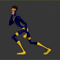 Animated Game Movie Character In Blue Yellow Suit With Brown Hair Kneeling And Observing