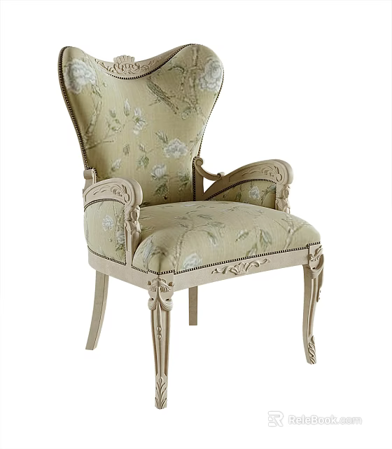 Floral Pattern Upholstered Accent Chair With Ornate Carved Armrests And Wooden Legs 3d model 