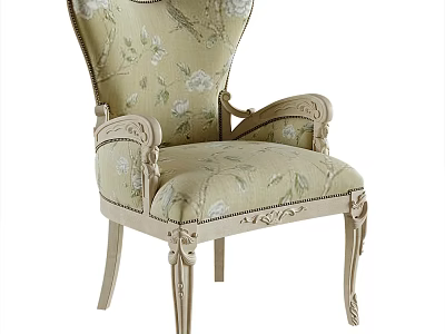 Floral Pattern Upholstered Accent Chair With Ornate Carved Armrests And Wooden Legs 3d model