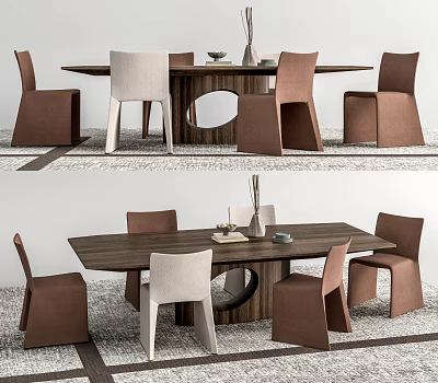 Elegant Modern Dining Table Set With Wooden Tabletop And Brown White Chairs 3d model