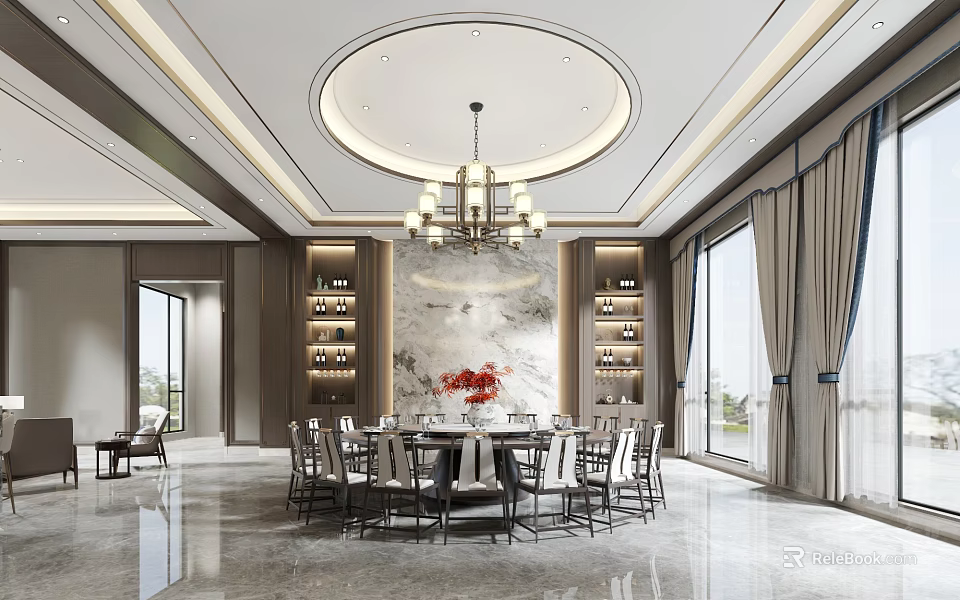 Elegant Modern Restaurant Interior With Round Dining Table Marble Wall Chandelier Large Windows Wine Racks 3d model