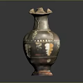 Vintage Hand Carved Ceramic Vase With Petal Mouth And Painted Patterns