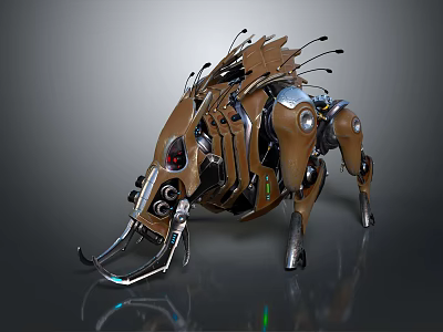 Futuristic Mechanical Boar Cybernetic Creature With Metal Spikes And Red Eyes 3d model