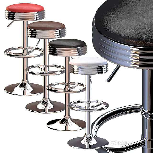 Modern Bar Stools With Round Leather Seats Chrome Metal Frames And Footrests 3d model 