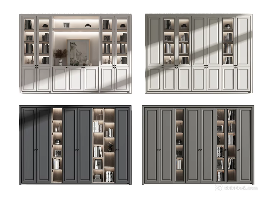 Modern Bookcase Design with White Grey Dark Grey Storage Shelves Multiple Compartments and Decorative Books 3d model 