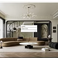 Modern Living Room Interior With Curved Sofa Round Coffee Table Chandelier Staircase And Decorative Painting