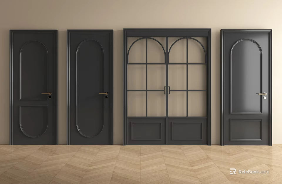 Black Swing Doors with Various Designs Four Against Light Colored Walls And Herringbone Wooden Flooring 3d model 