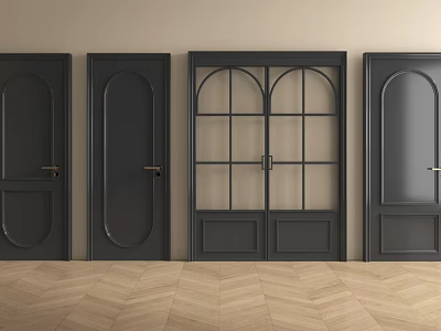 Black Swing Doors with Various Designs Four Against Light Colored Walls And Herringbone Wooden Flooring 3d model