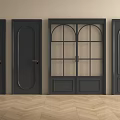 Black Swing Doors with Various Designs Four Against Light Colored Walls And Herringbone Wooden Flooring