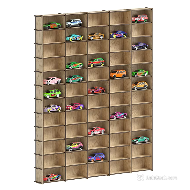 Wooden Bookcase Filled With Colorful Toy Cars Neatly Arranged On Shelves 3d model 