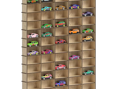 Wooden Bookcase Filled With Colorful Toy Cars Neatly Arranged On Shelves 3d model
