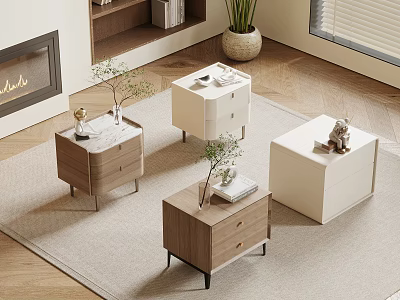 Modern Wooden And White Nightstands With Drawers Marble Tops And Decorative Plants 3d model