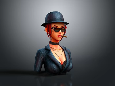 Stylish Female Game Movie Character 3D Model Wearing Black Hat Sunglasses Cigar And Dark Suit 3d model