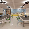 School Modern Learning Space with Desks Green and Blue Chairs Globes and Blackboard