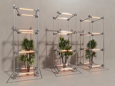 Modern Floral Installation with Metal Frames Light Strips and Green Plants 3d model