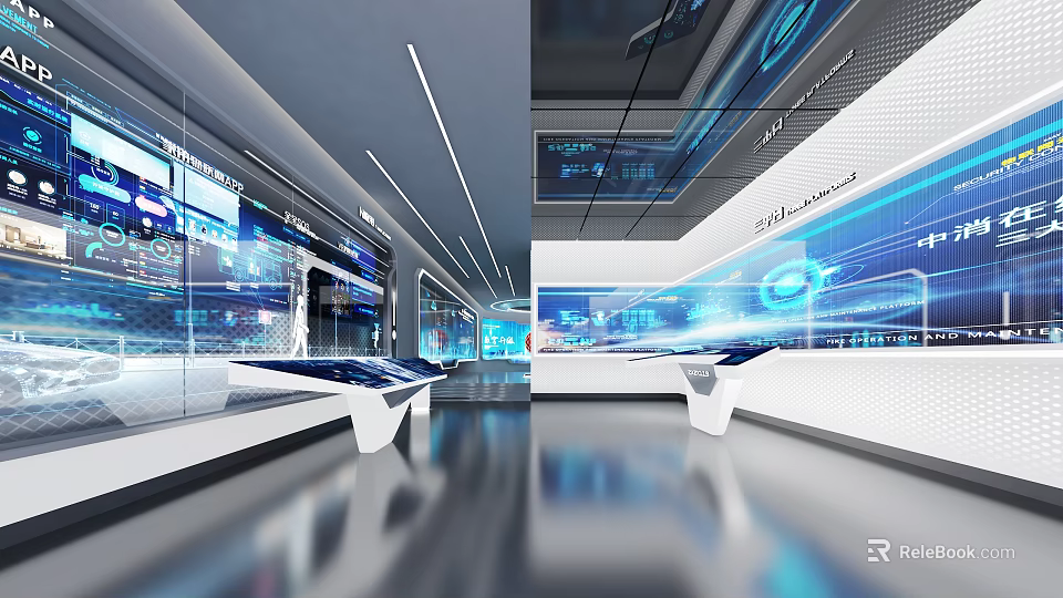 Hi tech Digital Exhibition Hall With Interactive Screens Data Displays And Modern Counters 3d model 