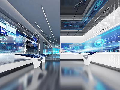 Hi tech Digital Exhibition Hall With Interactive Screens Data Displays And Modern Counters 3d model