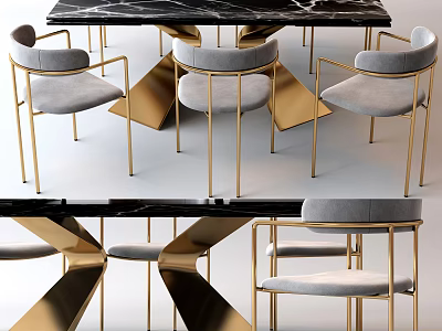Elegant Modern Dining Table Set With Marble Top And Gray Upholstered Gold Frame Chairs 3d model