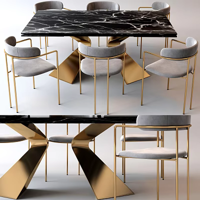 Elegant Modern Dining Table Set With Marble Top And Gray Upholstered Gold Frame Chairs 3d model