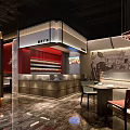 Traditional Chinese Restaurant Interior With Blue Walls Red Decor Pine Tree And Seating Area