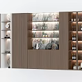 Modern Wooden Wine Cabinet With Marble Backdrop And Glass Shelves For Bottles And Decor