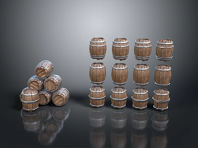 Vintage Wooden Barrels Display With Pyramid Stack And Neatly Arranged Rows 3d model