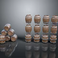 Vintage Wooden Barrels Display With Pyramid Stack And Neatly Arranged Rows