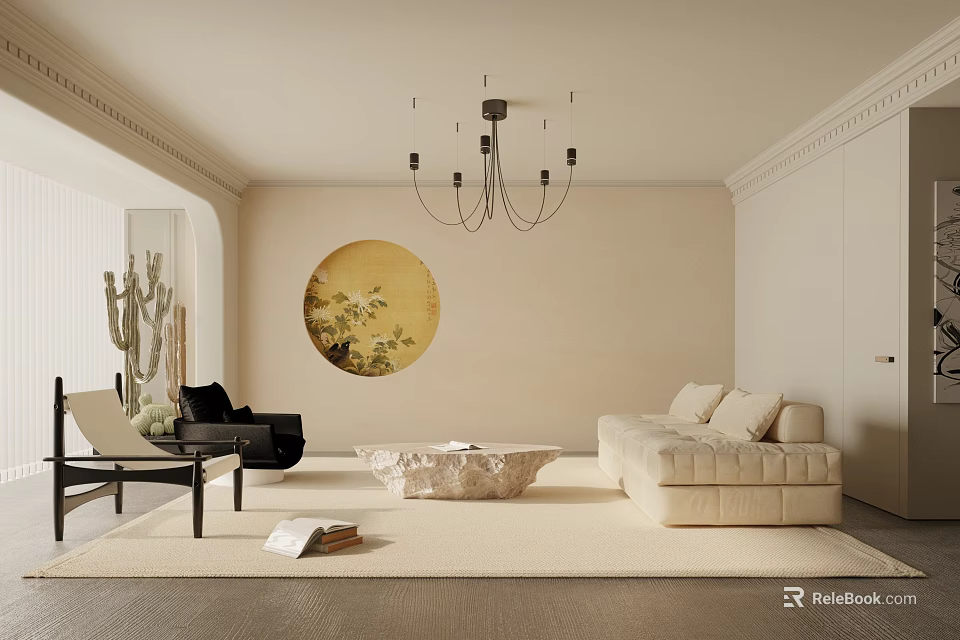 Modern Living Room Interior With Beige Sofa Round Decorative Painting Stone Coffee Table And Chandelier 3d model 