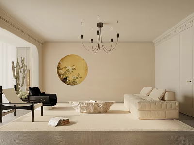 Modern Living Room Interior With Beige Sofa Round Decorative Painting Stone Coffee Table And Chandelier 3d model