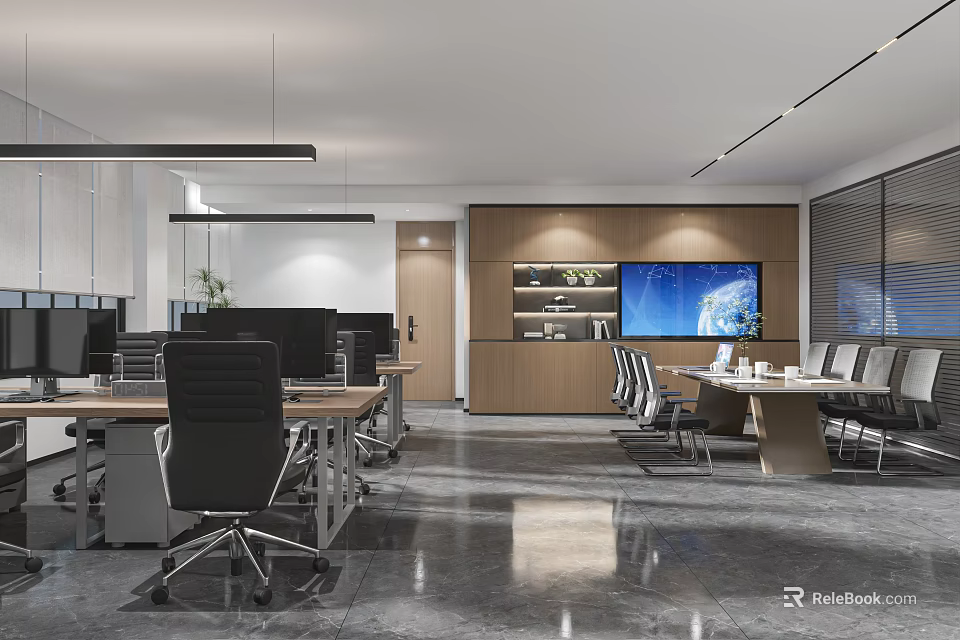 Modern Public Office Space With Workstations Computers Meeting Table Pendant Lights And Wooden Display Shelves 3d model 