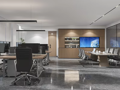 Modern Public Office Space With Workstations Computers Meeting Table Pendant Lights And Wooden Display Shelves 3d model