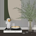 Stylish Decorative Ornament Set with Astronaut Figurine Books Green Foliage Vase And Glass Candles