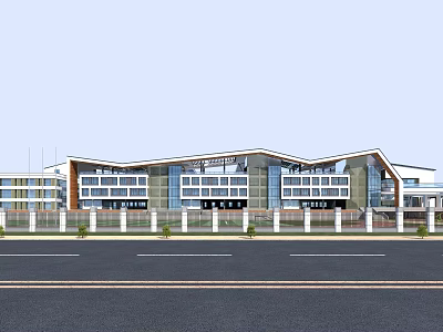 Modern School Building Exterior With Large Glass Windows And Unique Roof Design 3d model