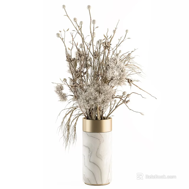 White Marble Vase with Gold Rim Holding Dried Branches and Pampas Grass 3d model 