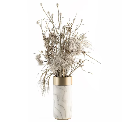 White Marble Vase with Gold Rim Holding Dried Branches and Pampas Grass 3d model