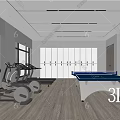 Modern Fitness Room With Treadmills Exercise Balls Ping Pong Table Lockers And Large Windows