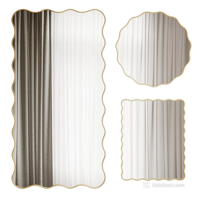 Elegant Modern Mirrors Scalloped Edge Round Rectangular With Gold Frame And Curtains 3d model 