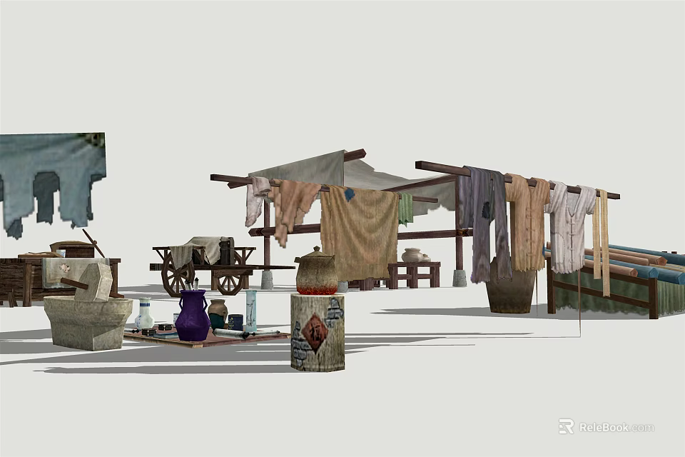 Outdoor Traditional Laundry Scene With Clothesline Fabrics Stone Mill And Cart 3d model 
