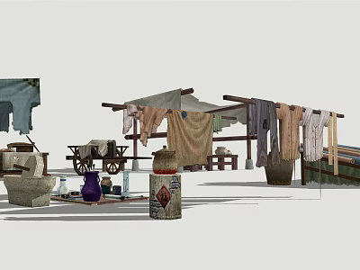 Outdoor Traditional Laundry Scene With Clothesline Fabrics Stone Mill And Cart 3d model