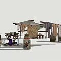 Outdoor Traditional Laundry Scene With Clothesline Fabrics Stone Mill And Cart
